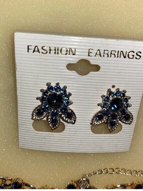 Blue Crystal Floral Stud Earrings with Silver-Tone Accents